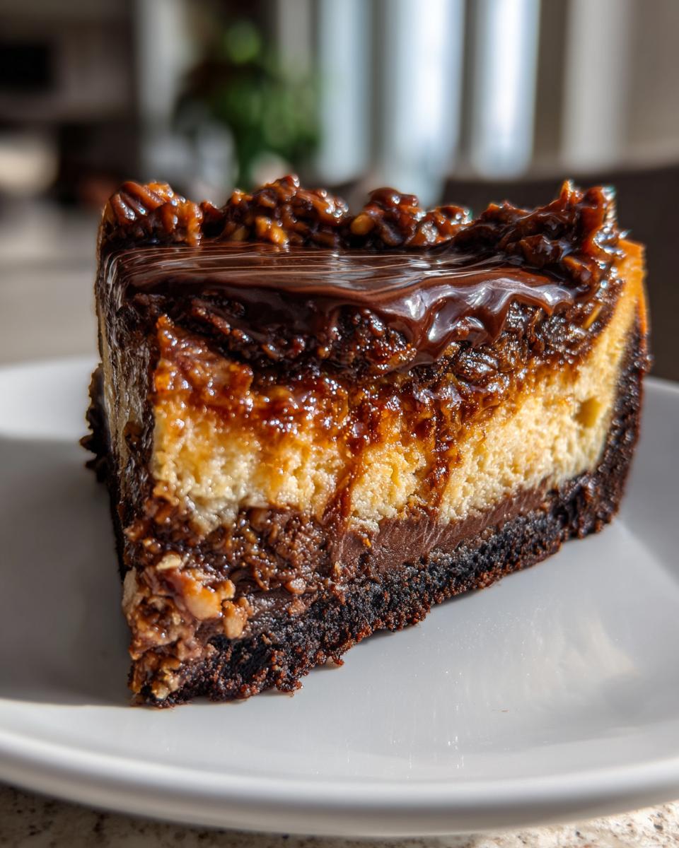A rich slice of german chocolate cheesecake showing layers of chocolate crust, cheesecake, and coconut-pecan topping.