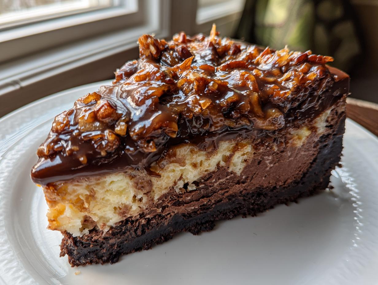 A rich slice of german chocolate cheesecake featuring layers of chocolate crust, cheesecake, and topped with glossy coconut-pecan frosting.