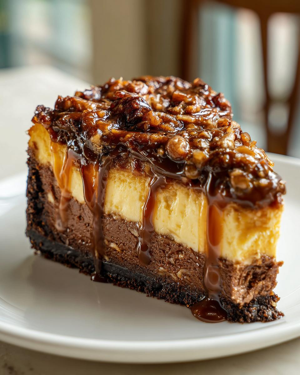 A rich slice of german chocolate cheesecake featuring a dark crust, chocolate layer, cream cheese layer, and pecan topping with caramel drizzle.