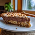 Close-up of a rich slice of german chocolate pie showing chocolate filling, coconut bottom, and pecan/coconut topping.