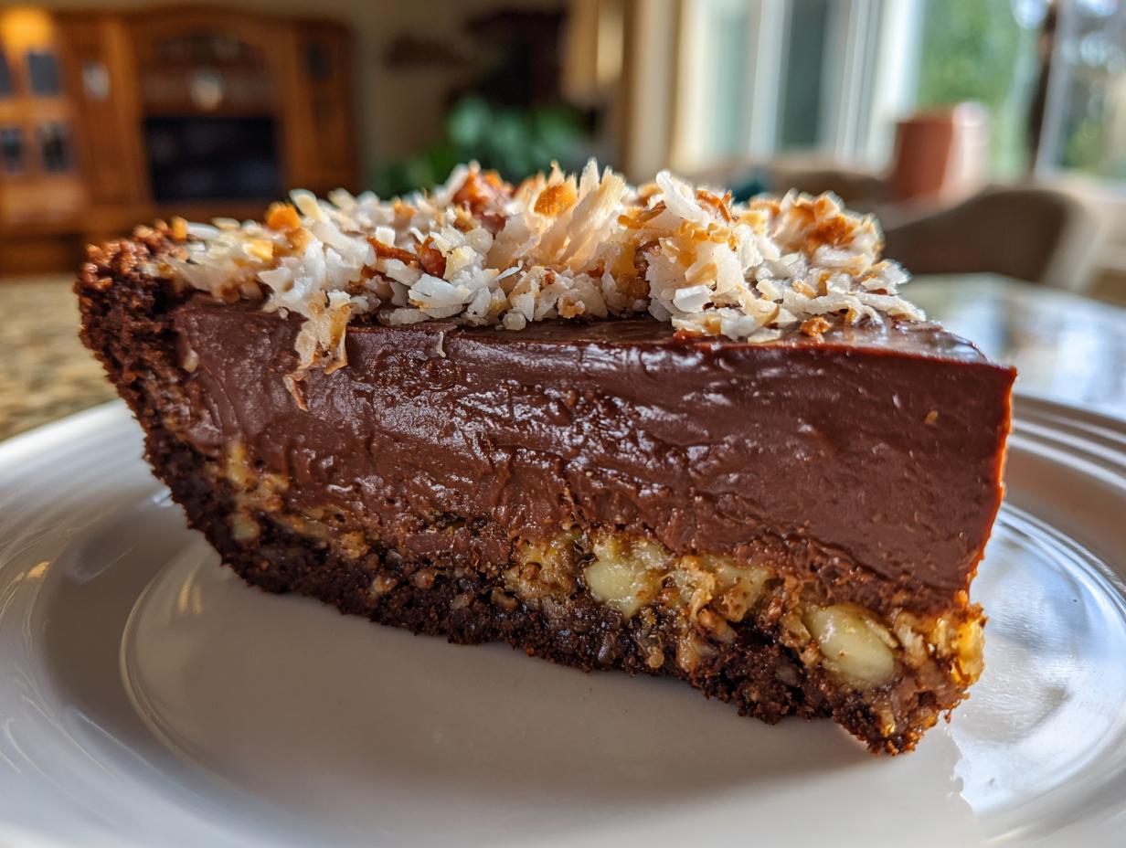 Close-up of a thick slice of german chocolate pie showing rich chocolate filling and toasted coconut topping.