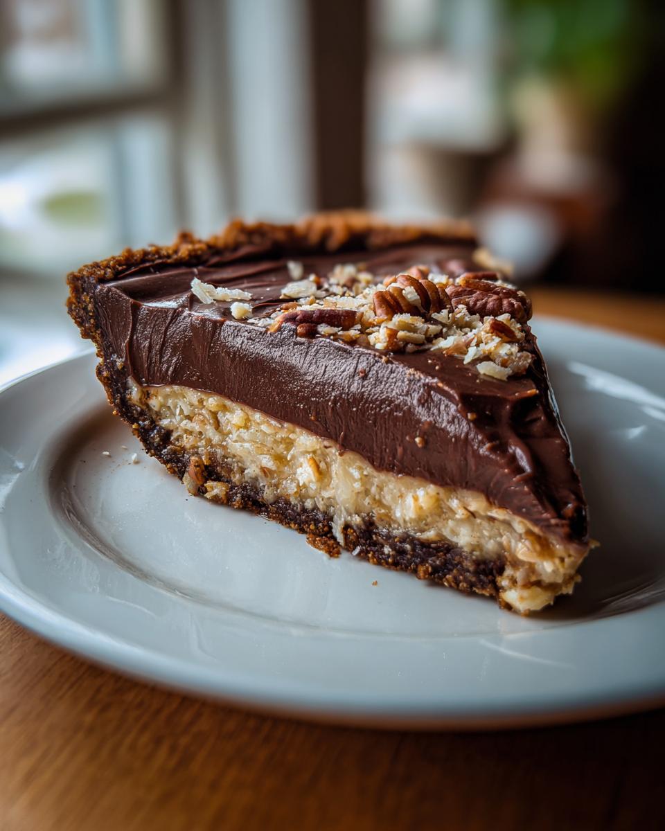 A close-up slice of german chocolate pie showing a dark chocolate top layer, coconut filling, and pecan topping on a white plate.