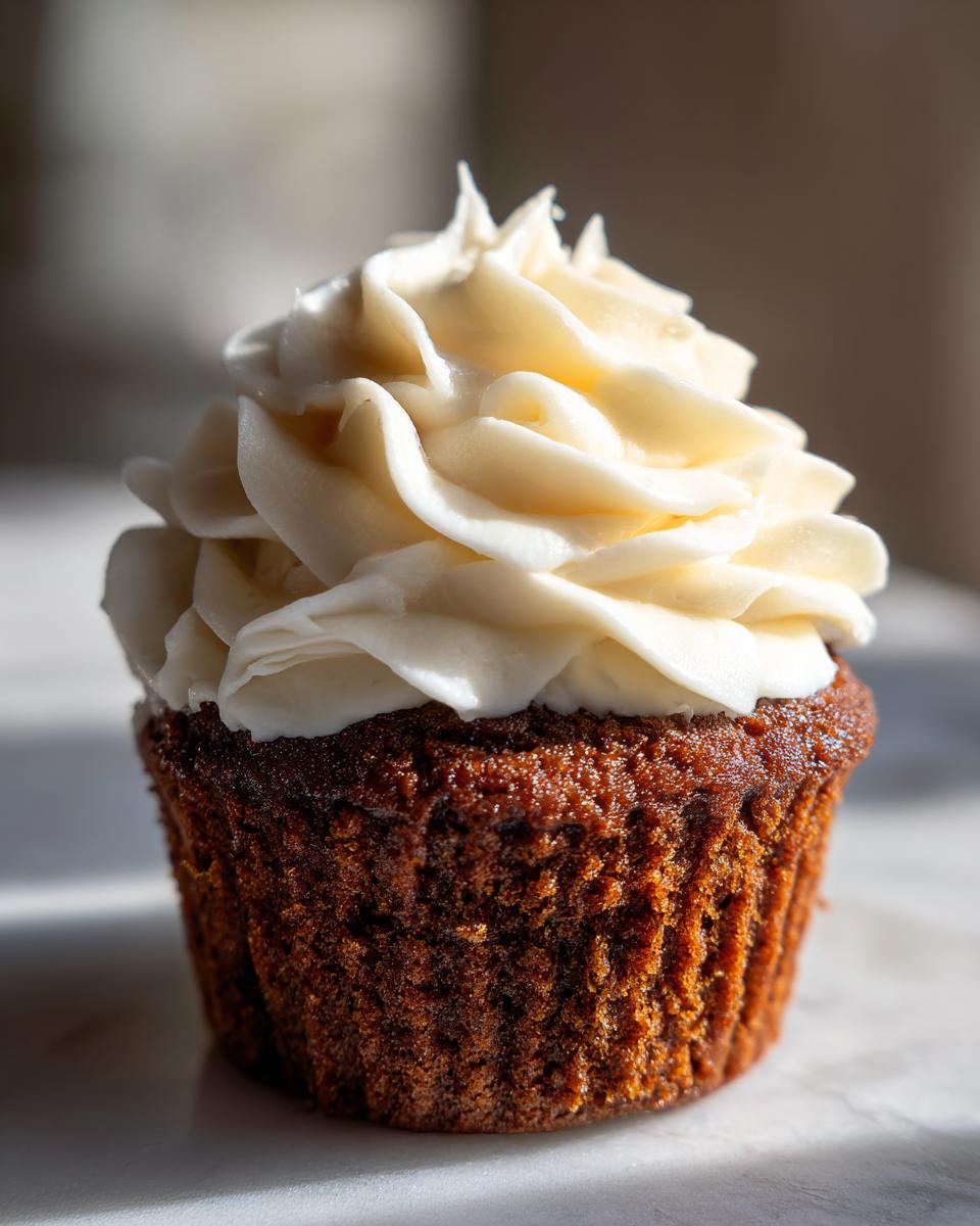 A single, rich brown gingerbread cupcakes topped with a generous swirl of creamy white frosting.