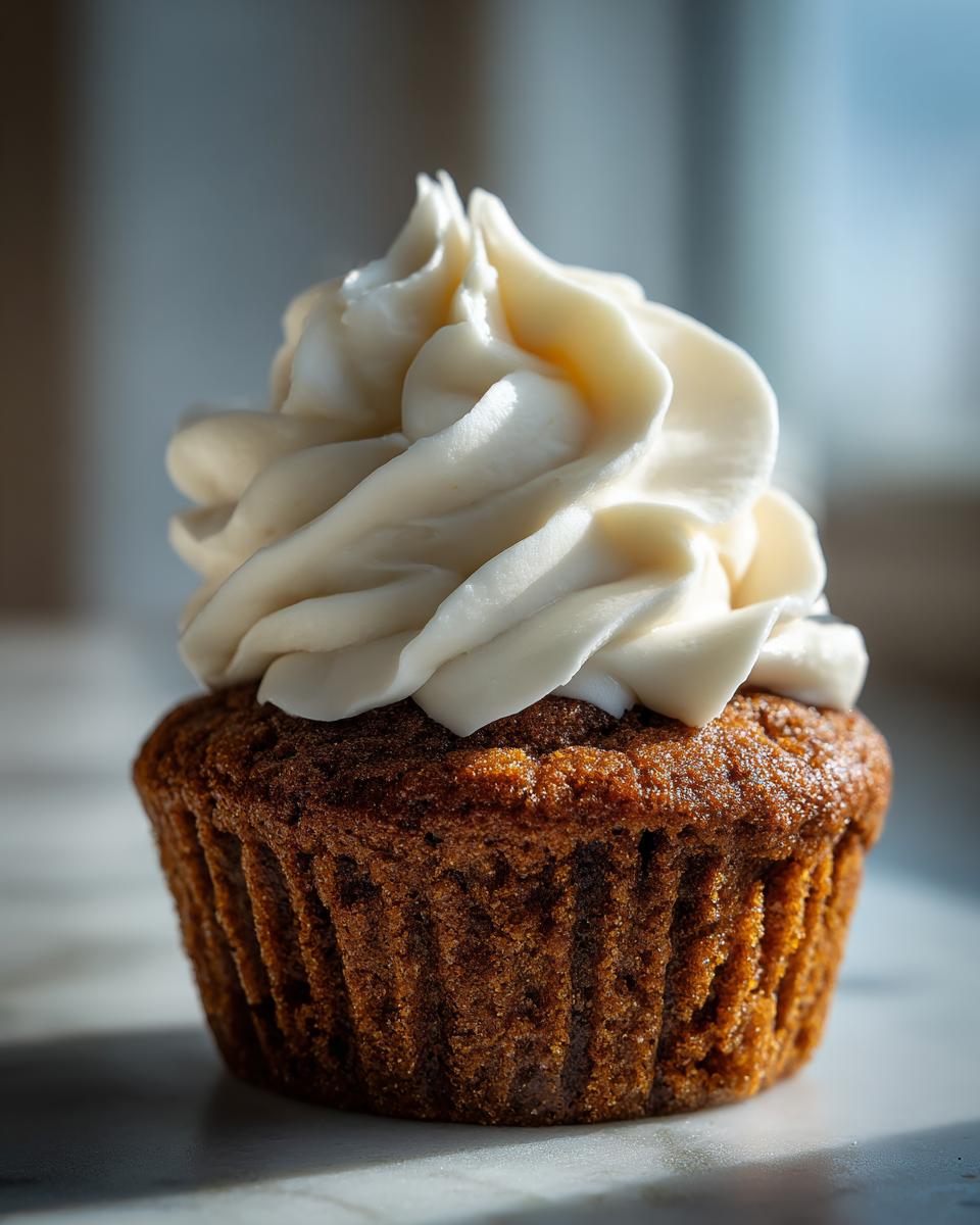 A single, richly spiced gingerbread cupcakes topped with a generous swirl of white cream cheese frosting.