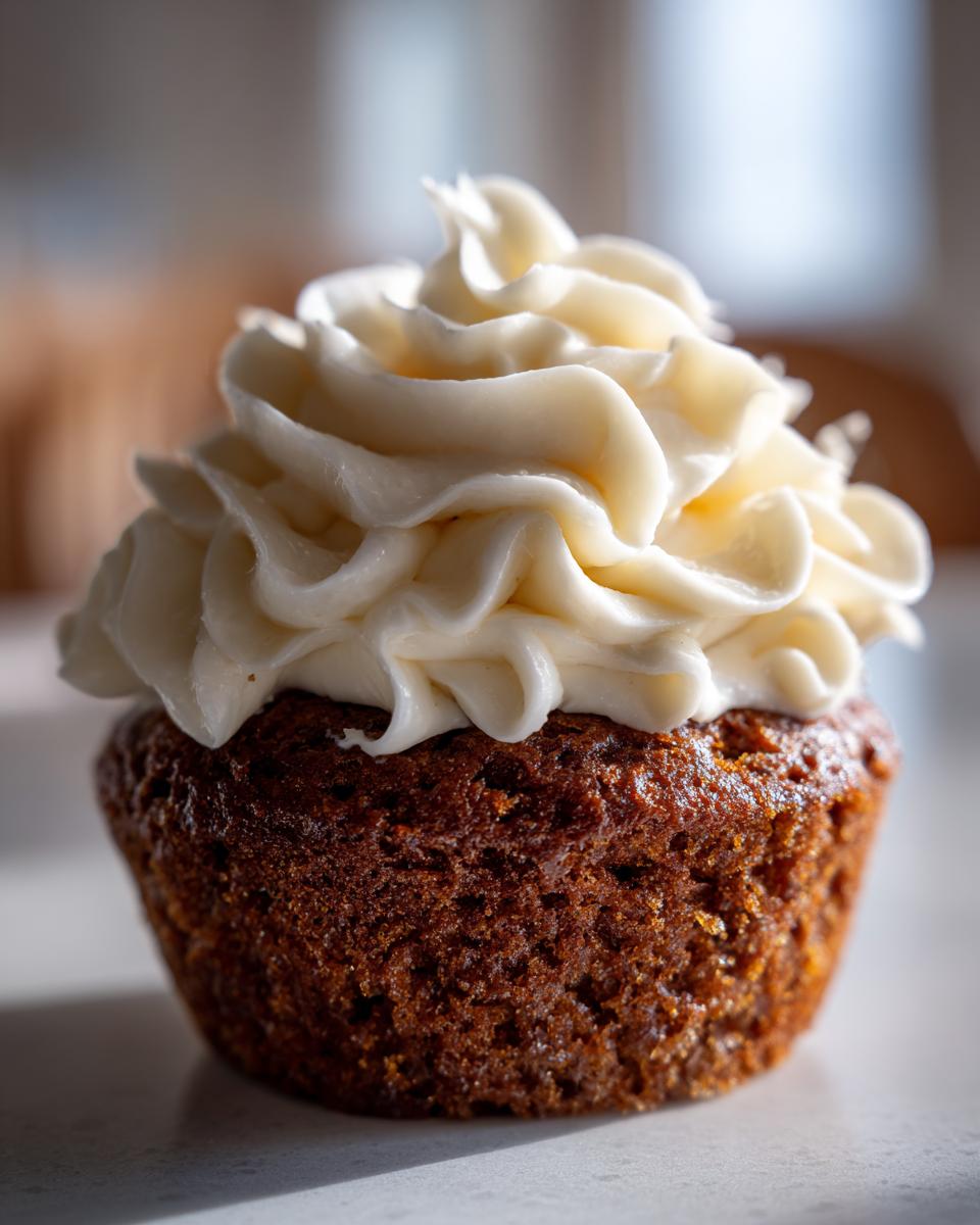 Close-up of a rich, dark gingerbread cupcakes topped with a swirl of creamy white frosting.