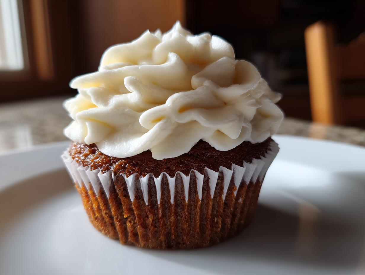 A close-up of a moist gingerbread cupcake topped with a generous swirl of white cream cheese frosting.