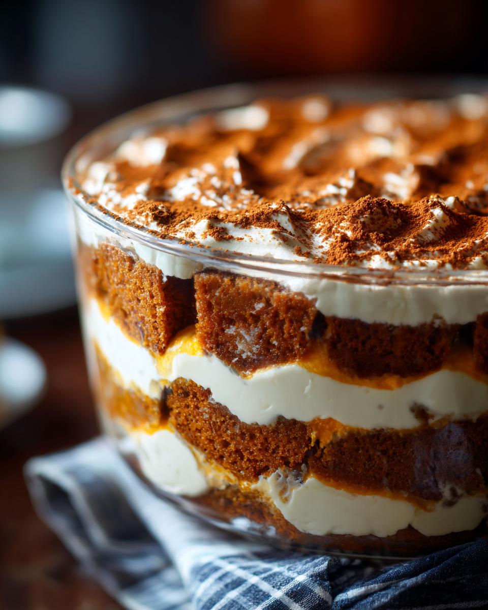 Close-up of a glass bowl filled with a rich gingerbread trifle, showing layers of spiced cake and cream, topped with cocoa powder.