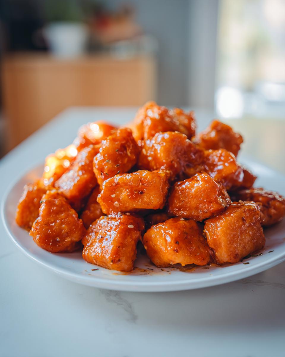 Close-up of bite-sized pieces of salmon coated in a glossy orange sauce, resembling bang bang salmon, sprinkled with sesame seeds.