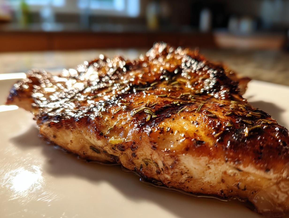 Close-up of a juicy, caramelized piece of chicken featuring herbs, showing the results of the grilled chicken marinade.