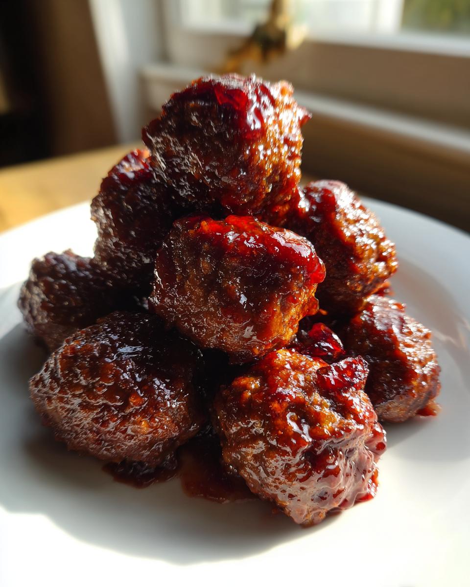 A close-up, sunlit stack of rich, dark cranberry meatballs covered in a glossy, deep red glaze on a white plate.