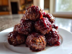 A close-up stack of juicy cranberry meatballs coated in a thick, dark red glaze, served on a white plate.