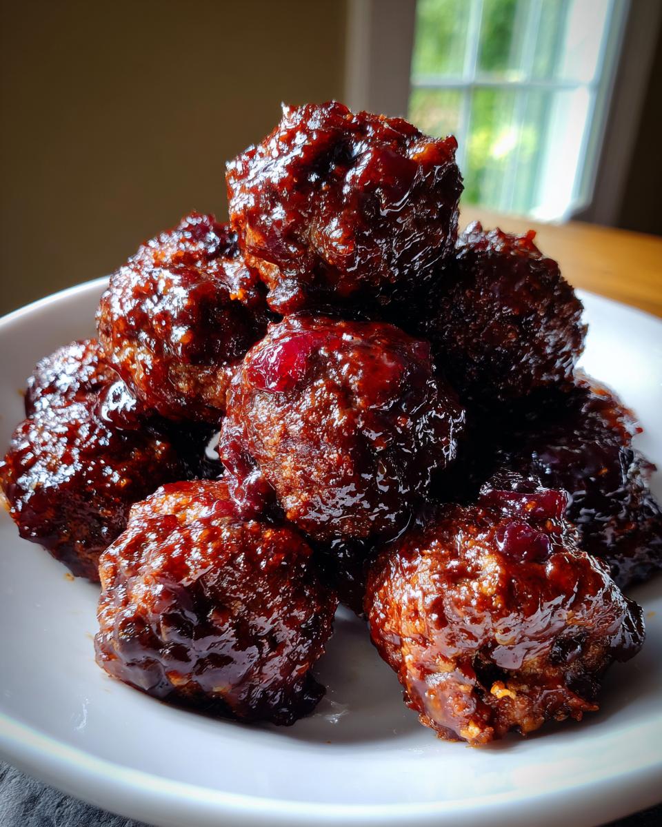 A close-up stack of rich, dark, and glossy cranberry meatballs piled high on a white serving dish.