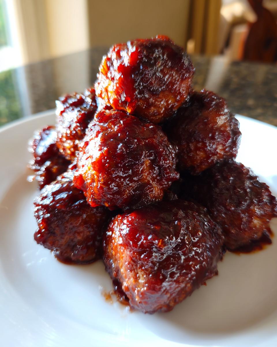 A close-up stack of shiny, dark red cranberry meatballs coated in a thick, sweet glaze.