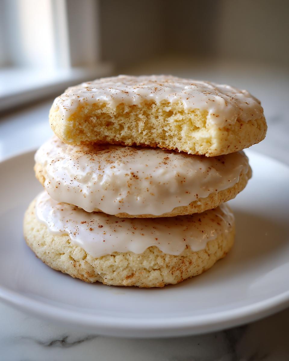 Three stacked, soft eggnog cookies topped with white glaze and sprinkled nutmeg, one cookie has a bite taken out.