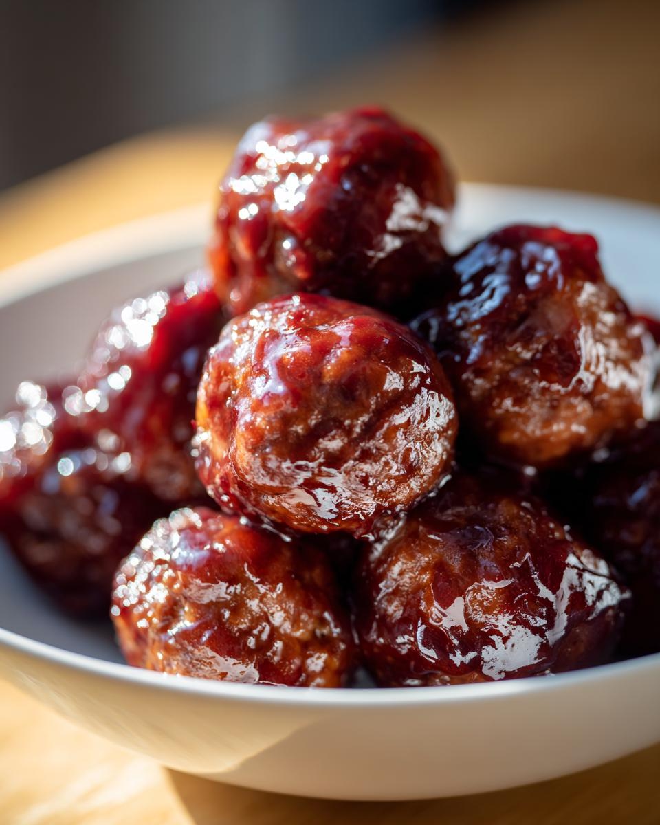 A close-up shot of several shiny, glazed grape jelly meatballs piled high in a white serving bowl.