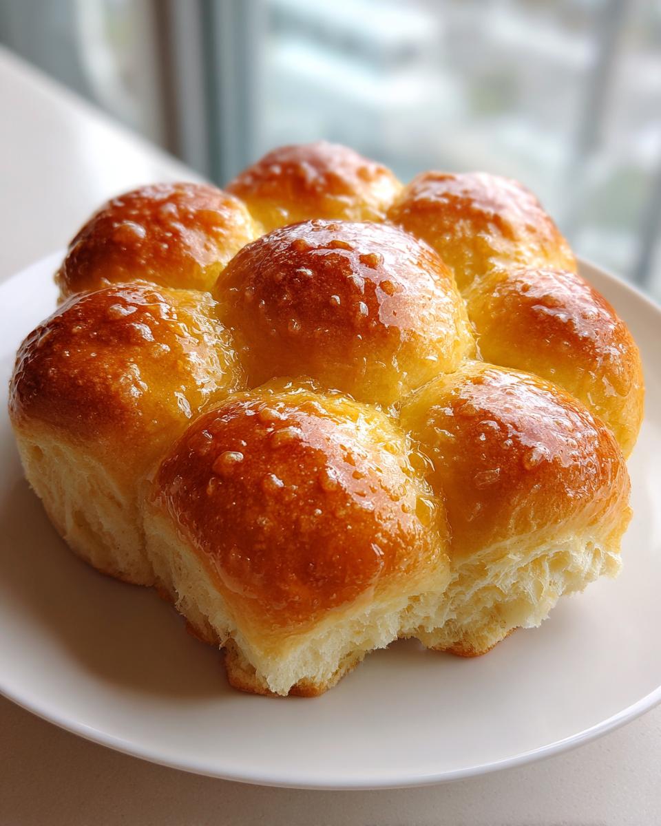 A cluster of golden brown, shiny, glazed sourdough discard rolls pulled apart slightly on a white plate.