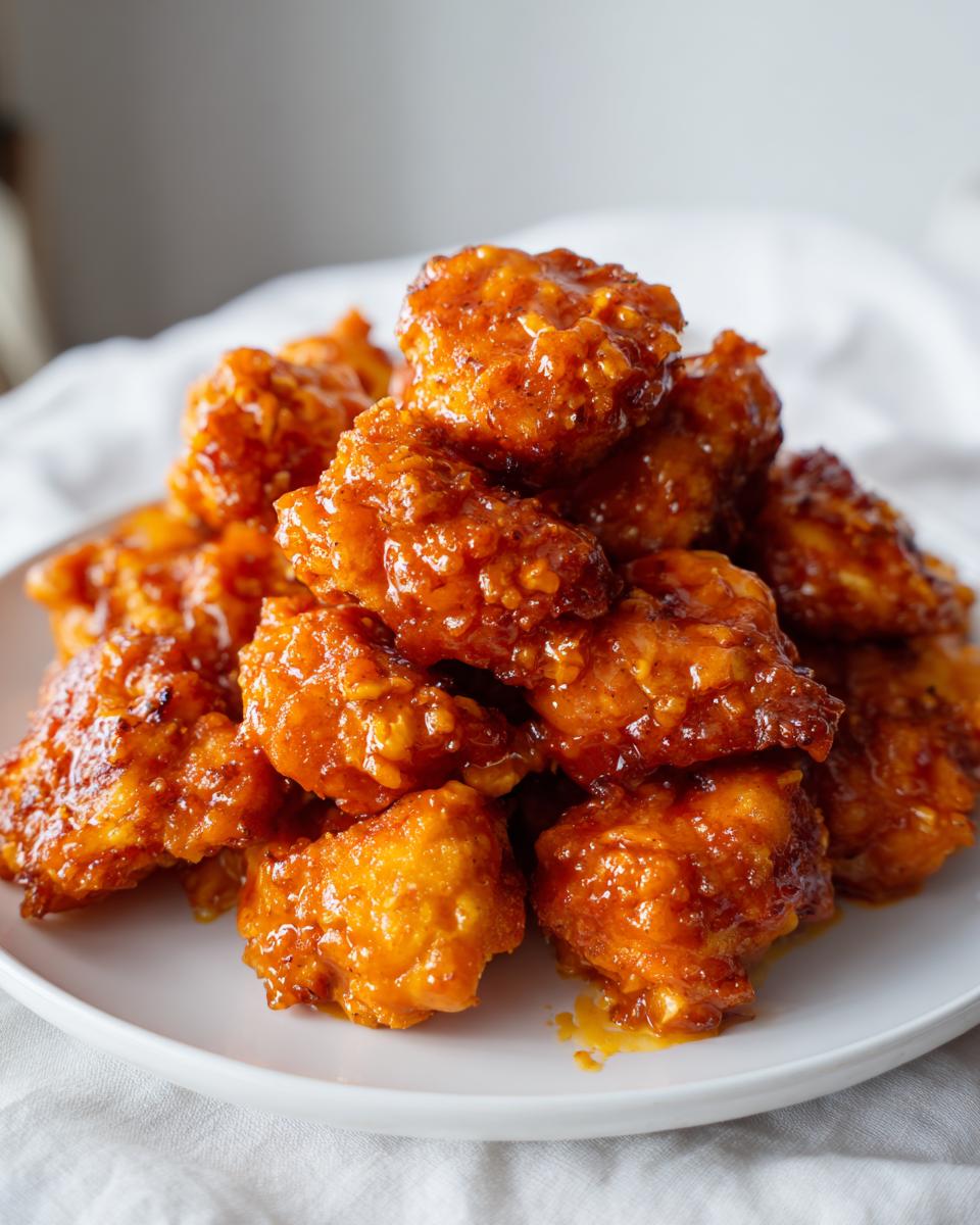 Close-up of crispy salmon pieces coated in a thick, glossy orange sauce, resembling bang bang salmon.