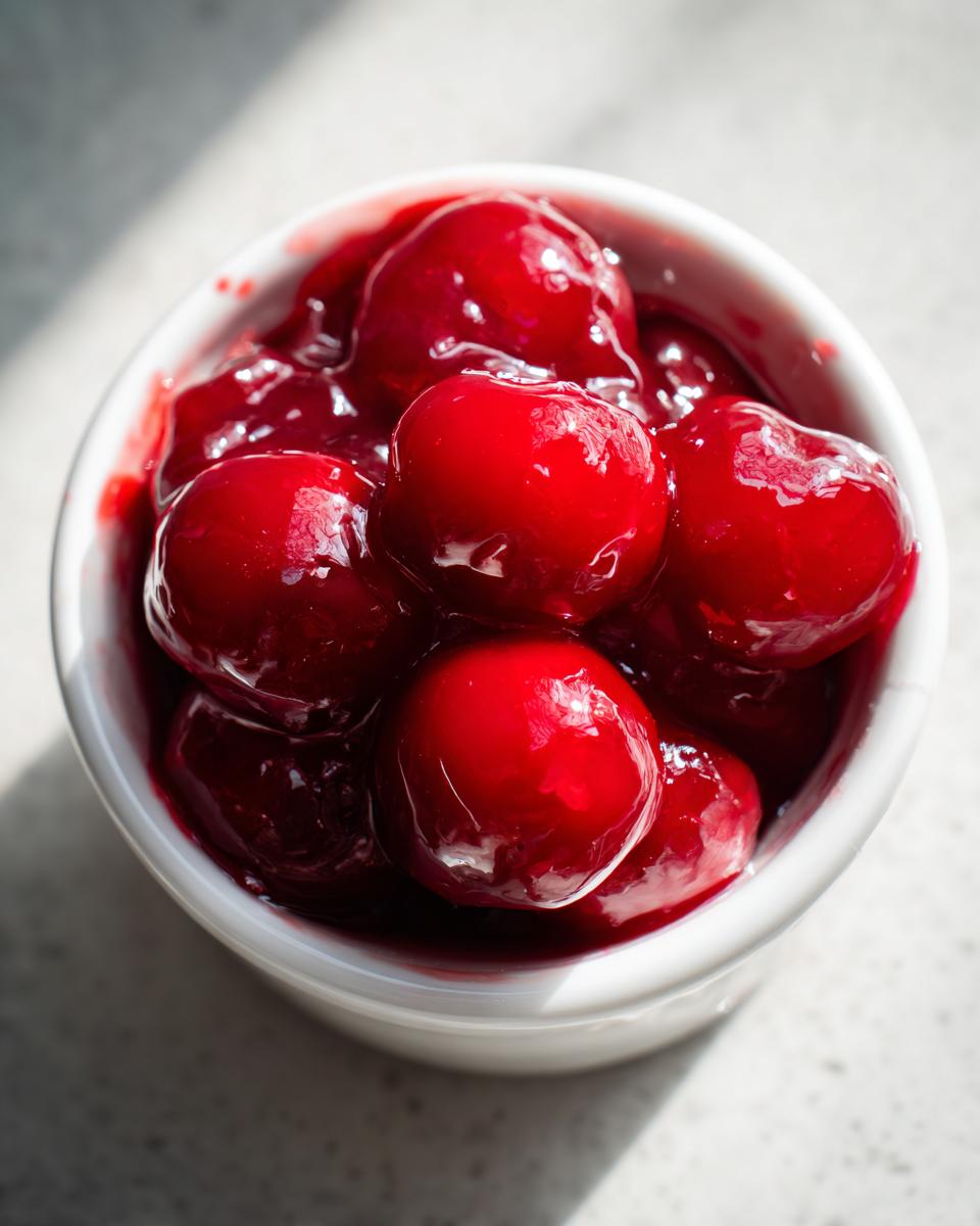 Close-up of bright red, glossy cherries suspended in thick sauce, ready for cherry pie filling.