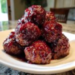 A close-up of a mound of glossy, dark red cranberry meatballs piled high on a white serving dish.