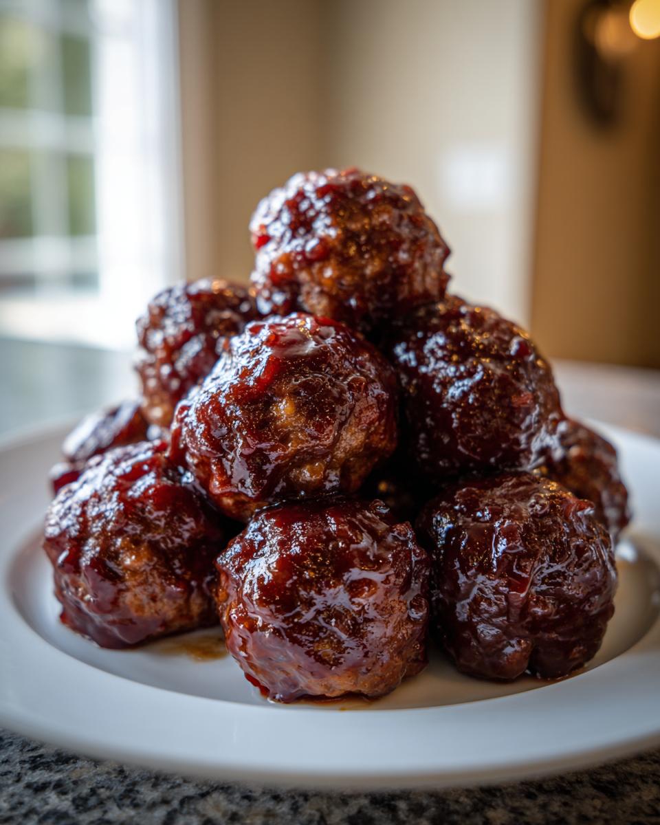 A close-up stack of glossy, saucy cranberry meatballs piled high on a white serving plate.