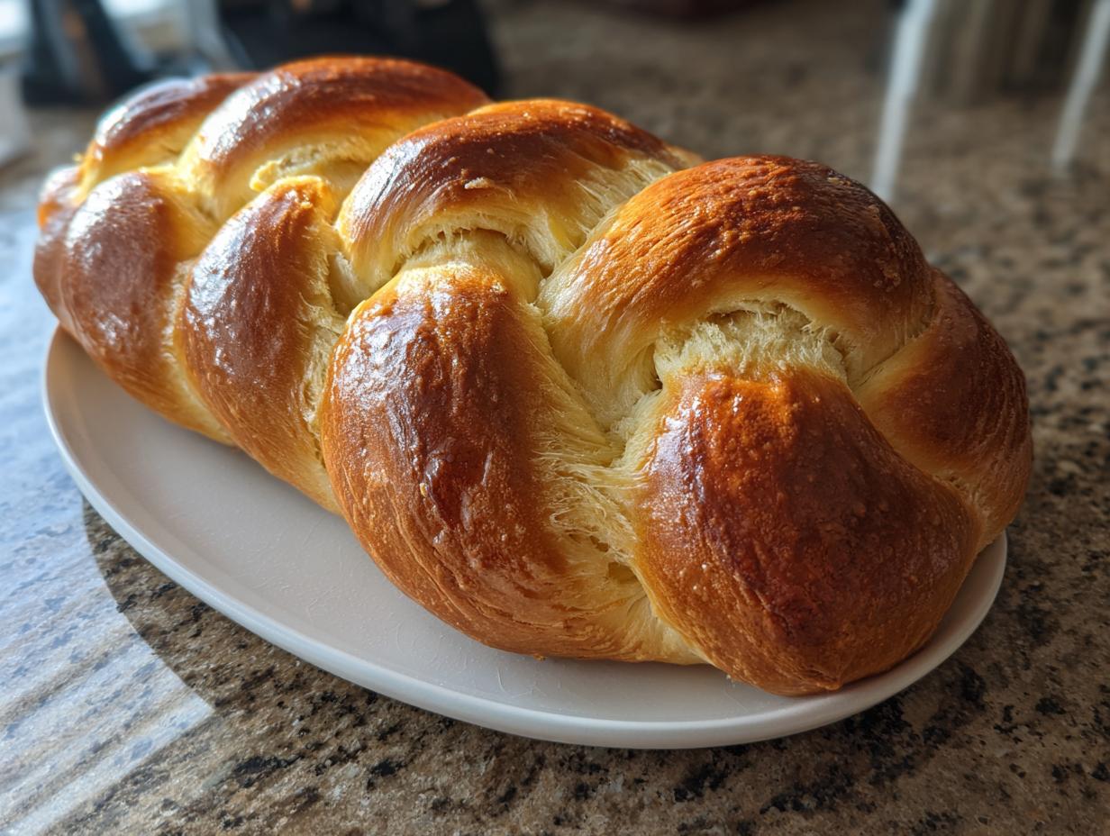 A freshly baked, golden brown 3-strand Challah bread loaf resting on a white platter.