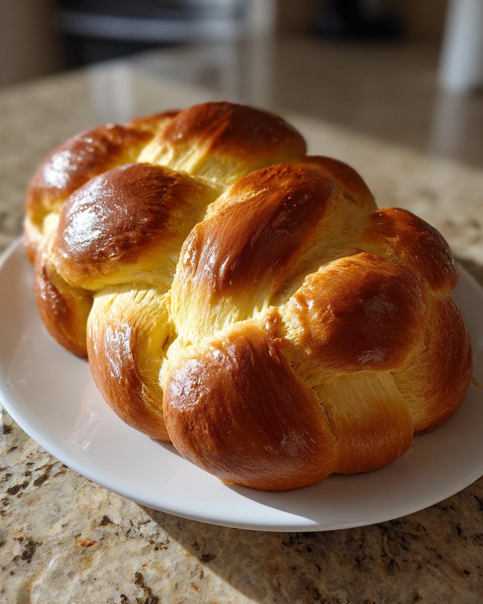 A freshly baked, golden brown 3-strand Challah bread loaf resting on a white plate.