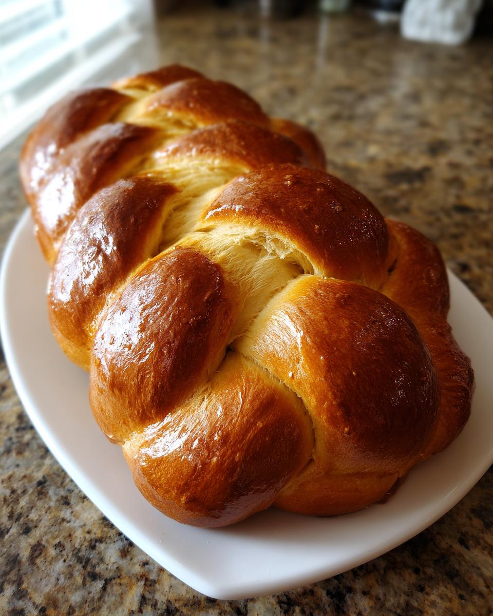 A freshly baked, glossy, golden brown 3-strand Challah bread resting on a white serving platter.