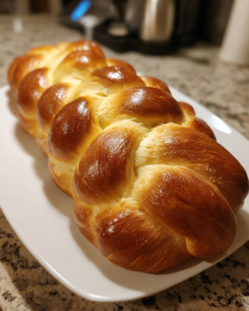 A freshly baked, golden brown 3-strand Challah loaf with a shiny egg wash, resting on a white rectangular plate.