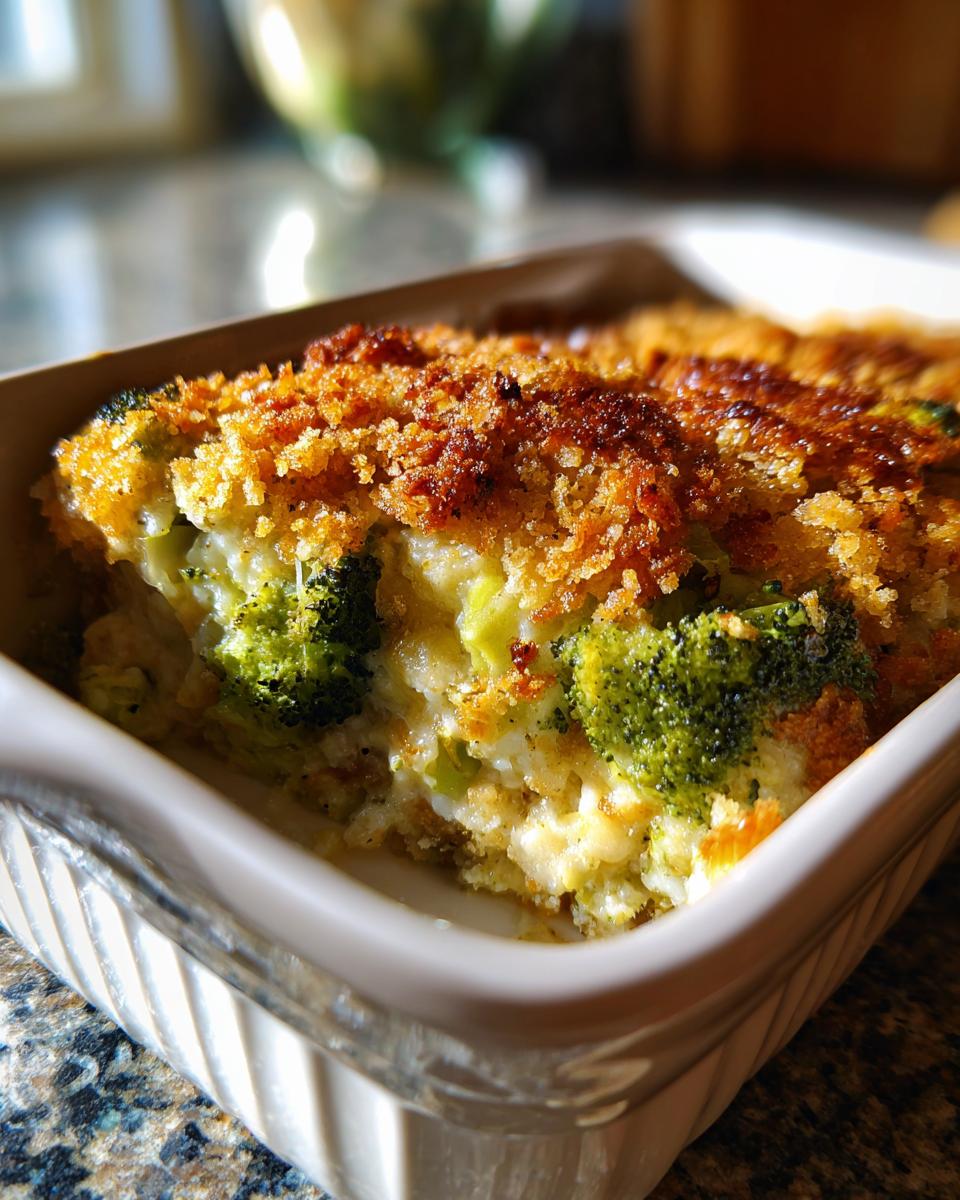 A close-up view of a creamy broccoli casserole with bright green florets and a crunchy, golden-brown breadcrumb topping.