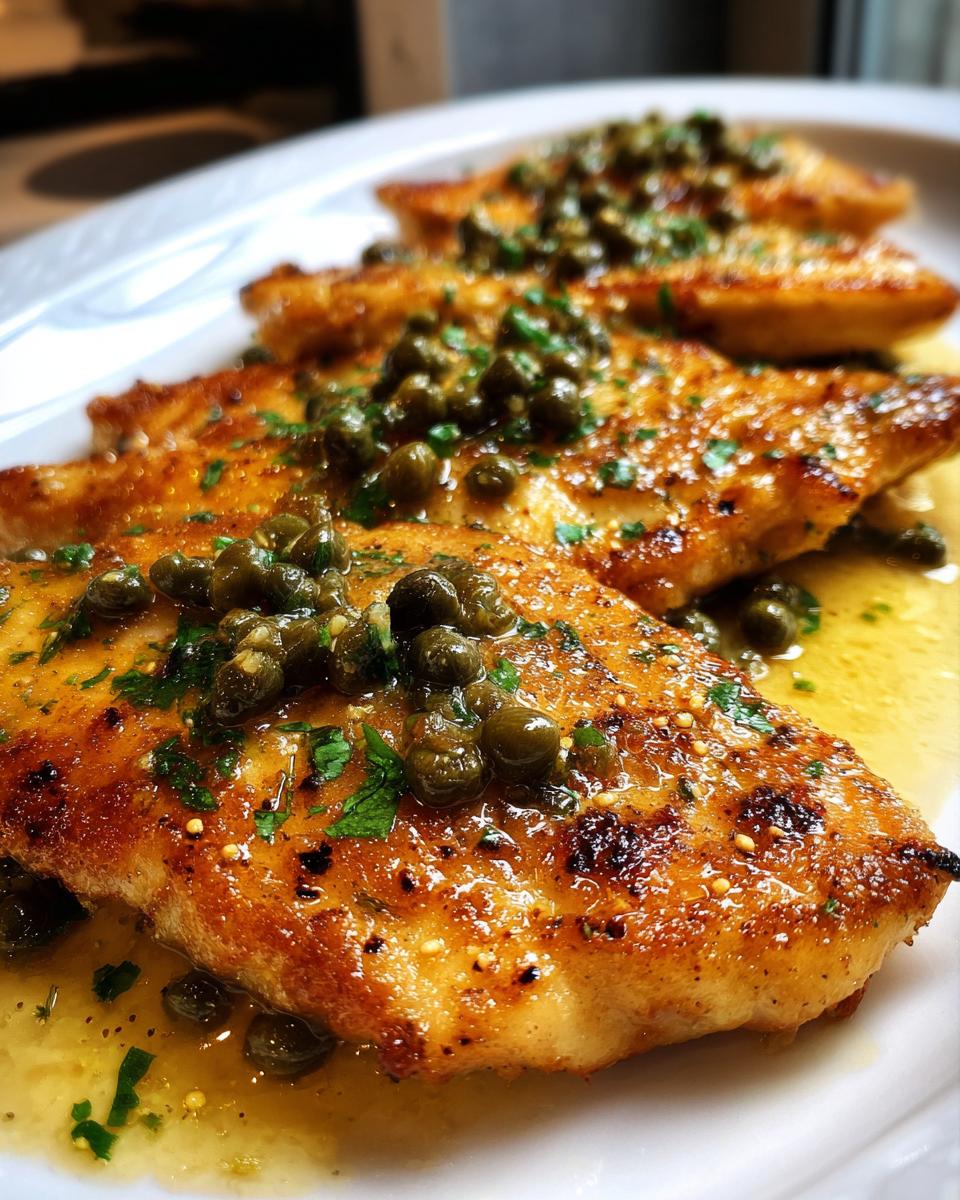 Close-up of pan-seared chicken piccata fillets topped generously with capers and parsley in a bright lemon sauce.
