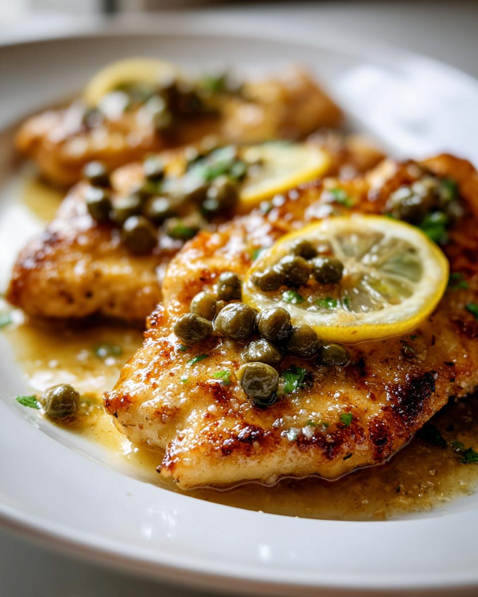 Close-up of pan-seared chicken piccata fillets topped with capers, lemon slices, and parsley in a buttery sauce.