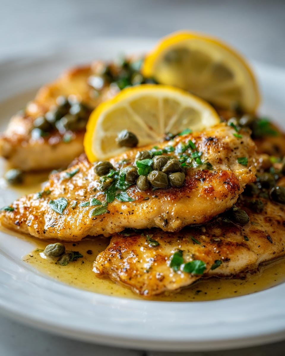 Close-up of golden pan-seared chicken piccata topped with capers, parsley, and lemon slices.