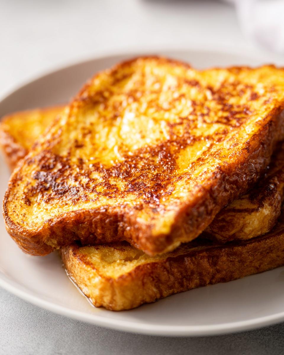Close-up of two golden-brown slices of French toast stacked on a white plate, showing crispy edges.