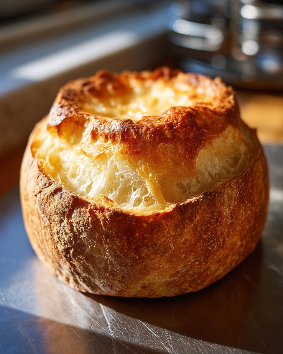 Close-up of a perfectly baked, crusty bread bowl ready to be filled, highlighting the golden top.