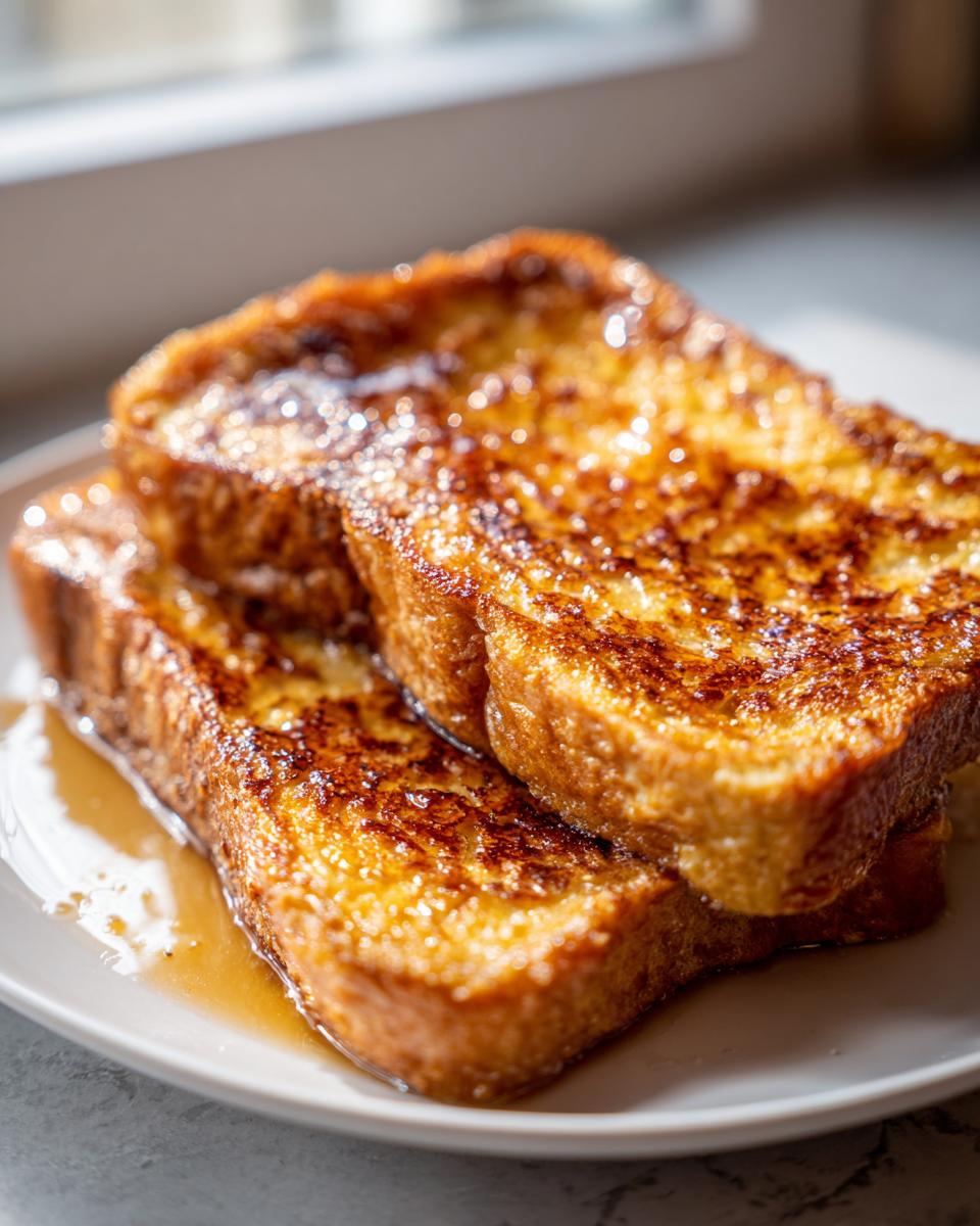 Two thick slices of golden brown french toast stacked on a plate, glistening with syrup.