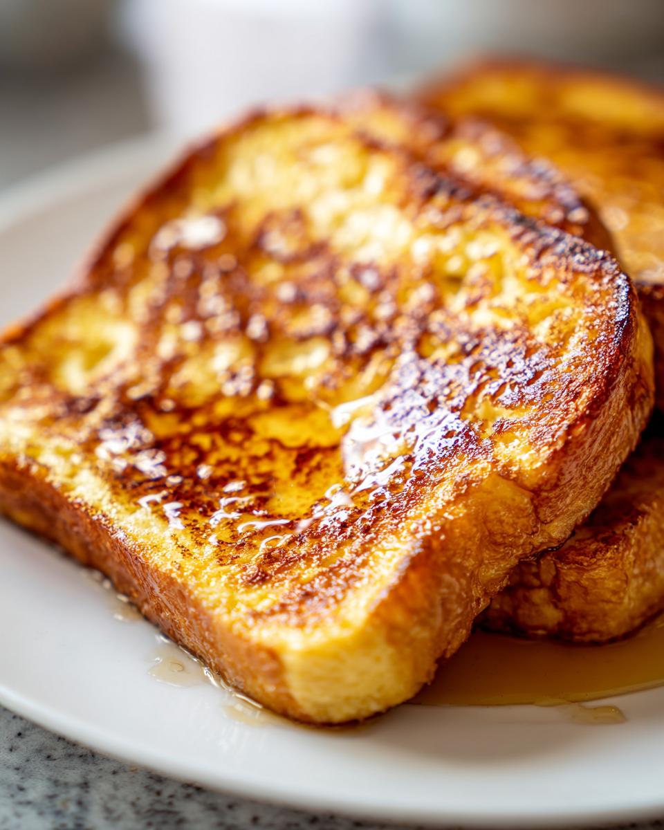 Close-up of perfectly golden brown french toast slices drizzled generously with syrup on a white plate.