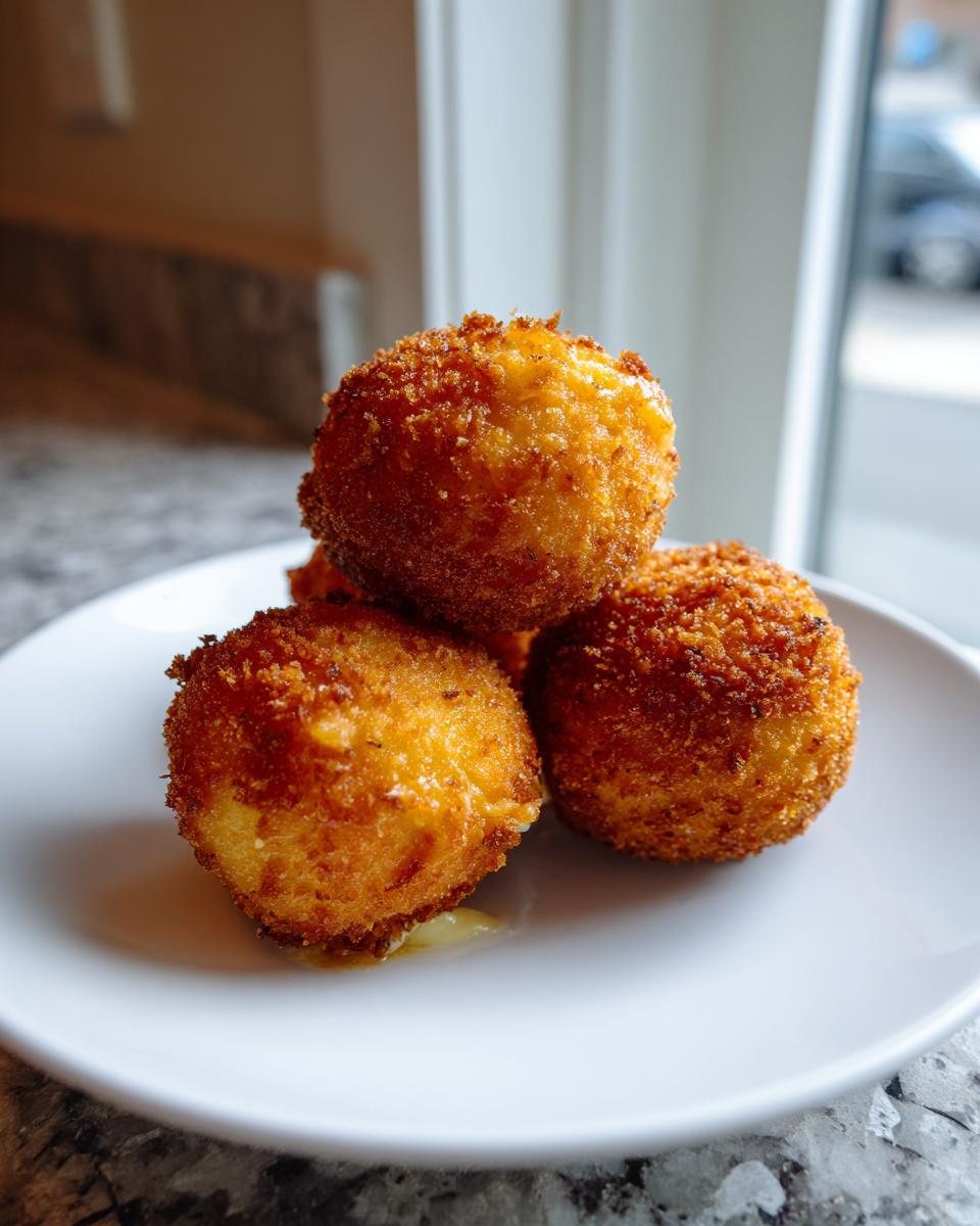 A close-up of three golden-brown, crispy fried rice balls stacked on a white plate, featuring a melted cheese center.
