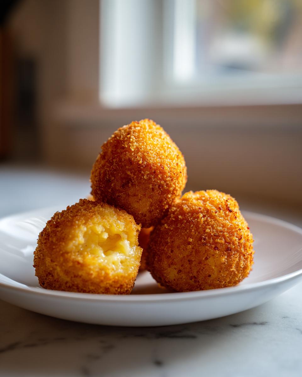 Three golden, crispy fried rice balls stacked on a white plate, one showing melted cheese inside.
