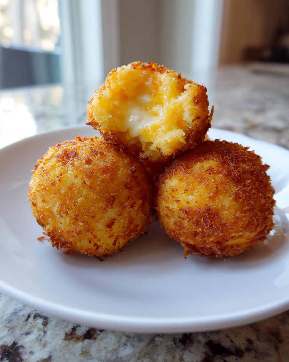 Three golden-brown, crispy fried rice balls stacked on a white plate, one broken open showing melted cheese inside.