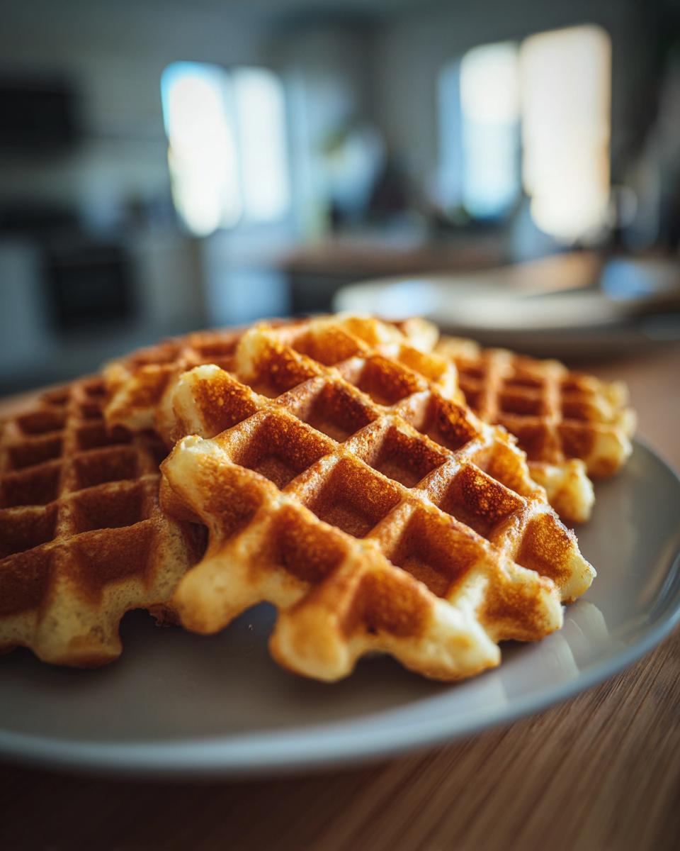 Close-up of several golden brown, fluffy high protein waffles stacked on a light gray plate.