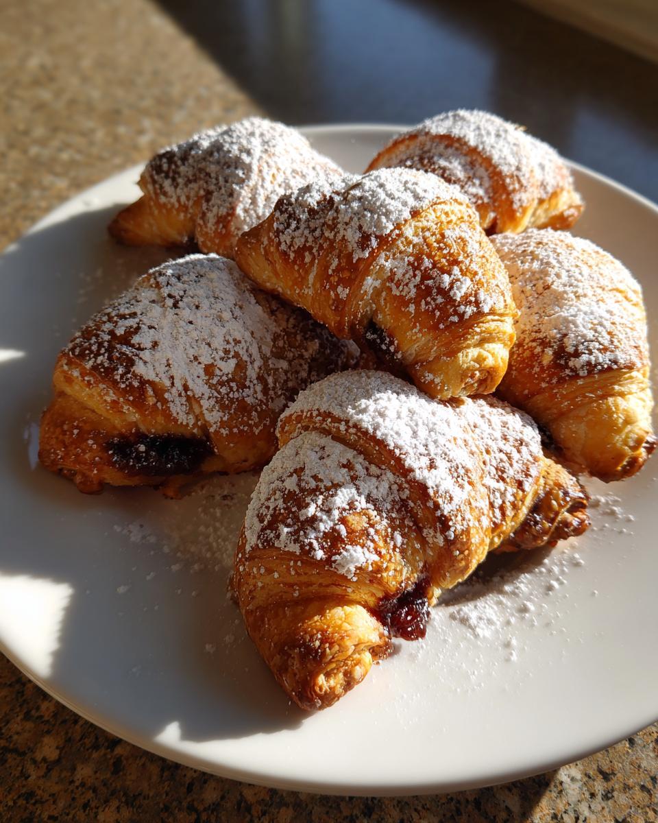 Five golden-brown, crescent-shaped Rugelach pastries generously dusted with powdered sugar on a white plate.