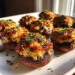 A plate of golden brown, baked stuffed mushrooms garnished with fresh chopped parsley.