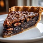 A close-up of a thick, gooey slice of chocolate pecan pie on a white plate.