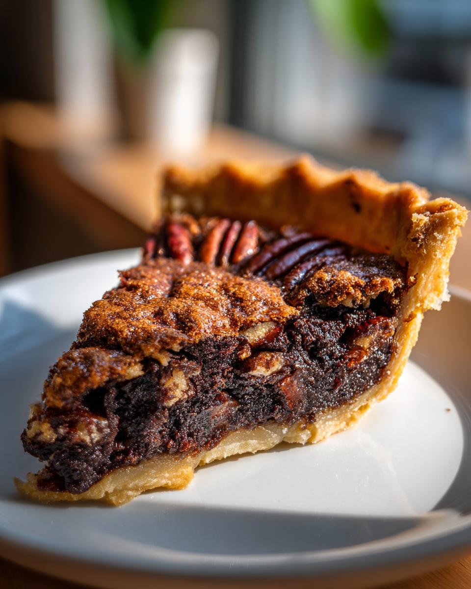 Close-up of a rich, dark slice of chocolate pecan pie with a flaky crust and pecan topping.
