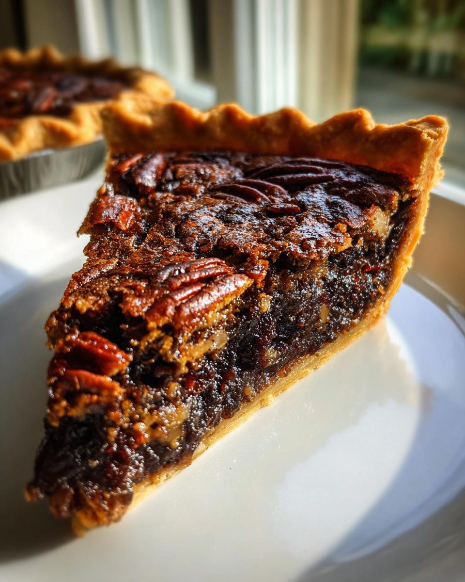 A close-up slice of rich, gooey chocolate pecan pie resting on a white plate, backlit by a window.