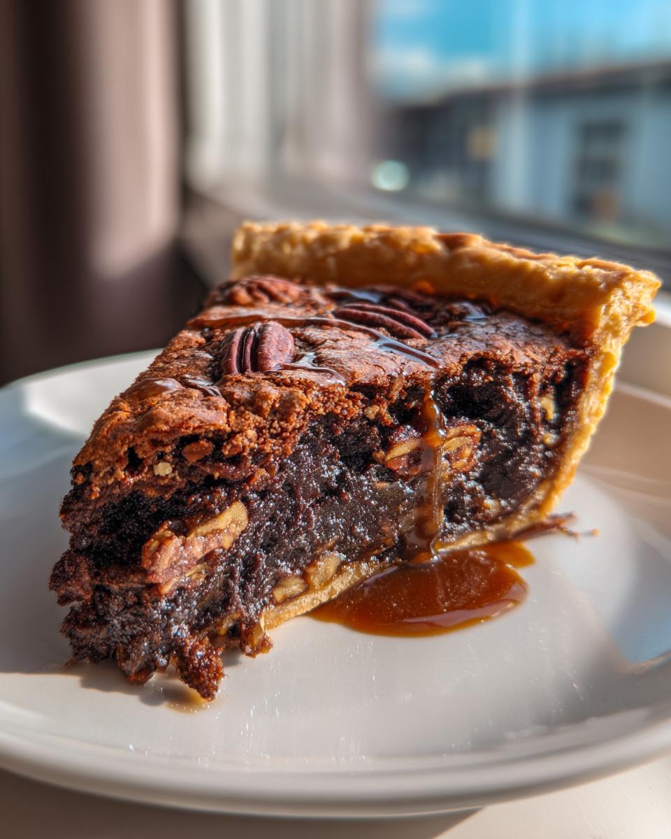 A close-up of a rich, gooey slice of chocolate pecan pie dripping caramel sauce onto a white plate.