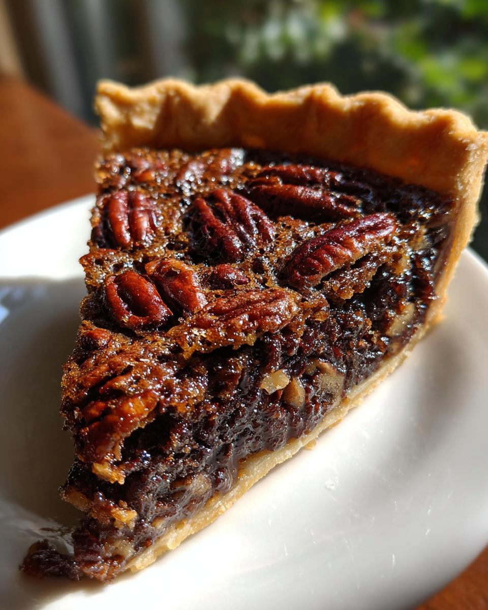 A close-up, sunlit slice of gooey chocolate pecan pie with whole pecans on top, served on a white plate.