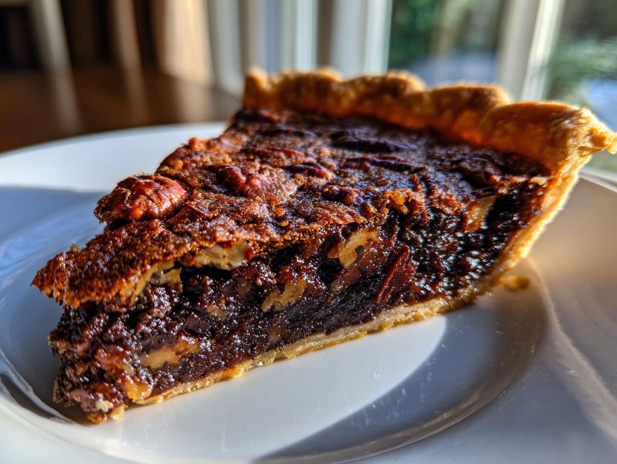 Close-up of a rich, gooey slice of chocolate pecan pie showing the dark filling and flaky crust.