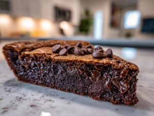 Close-up of a rich, gooey slice of hot fudge pie showing melted chocolate filling and chocolate chips on top.