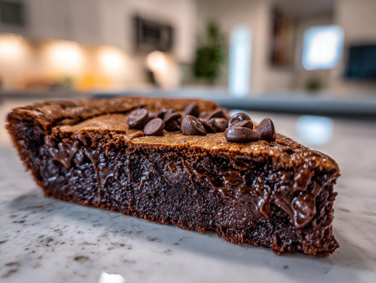 Close-up of a rich, gooey slice of hot fudge pie showing melted chocolate filling and chocolate chips on top.